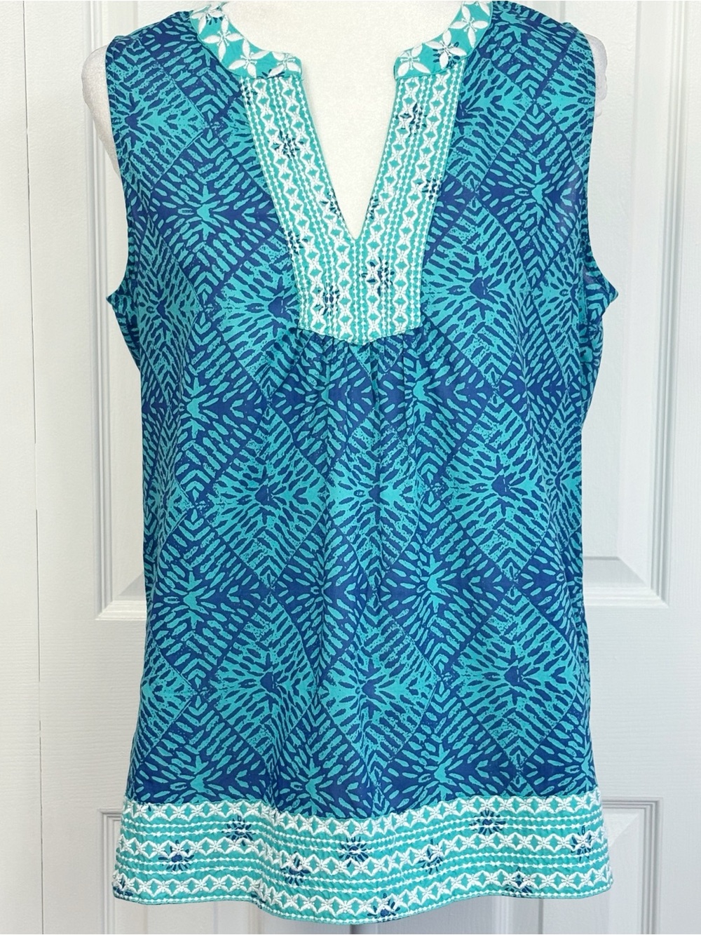 Sigrid Olsen Blue Turquoise Boho Print Embroidered Sleeveless Tank Blouse M